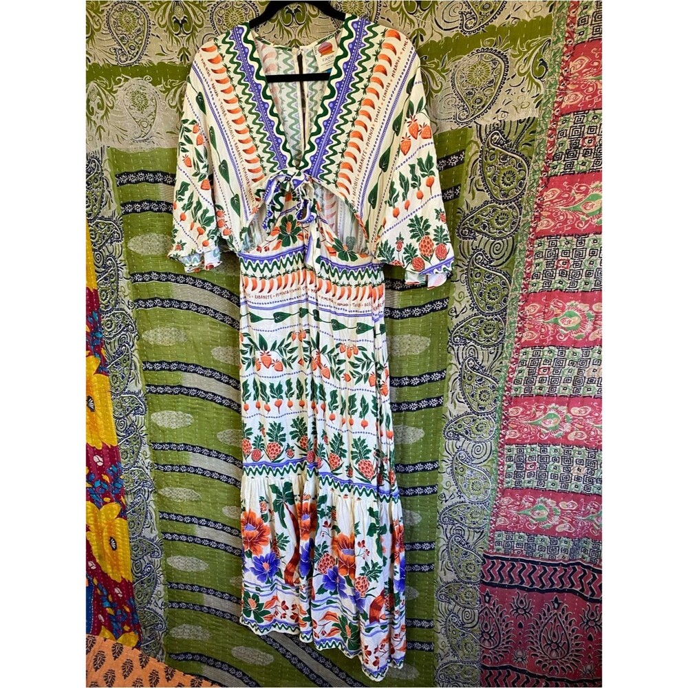 FARM Rio for Anthropologie Printed V-Neck Kaftan Maxi Cut-Out Dress Size Small - Picture 4 of 15